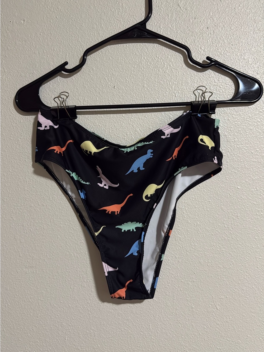 SHEIN Black High-Cut Bikini Bottoms with Multicolor Dino Print